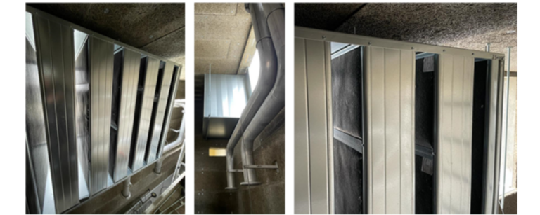 OTV Traitements acoustique Sortie d’air du local surpresseur : pose des 2 silencieux à baffles suspendus Vue de l’intérieur du local surpresseurs